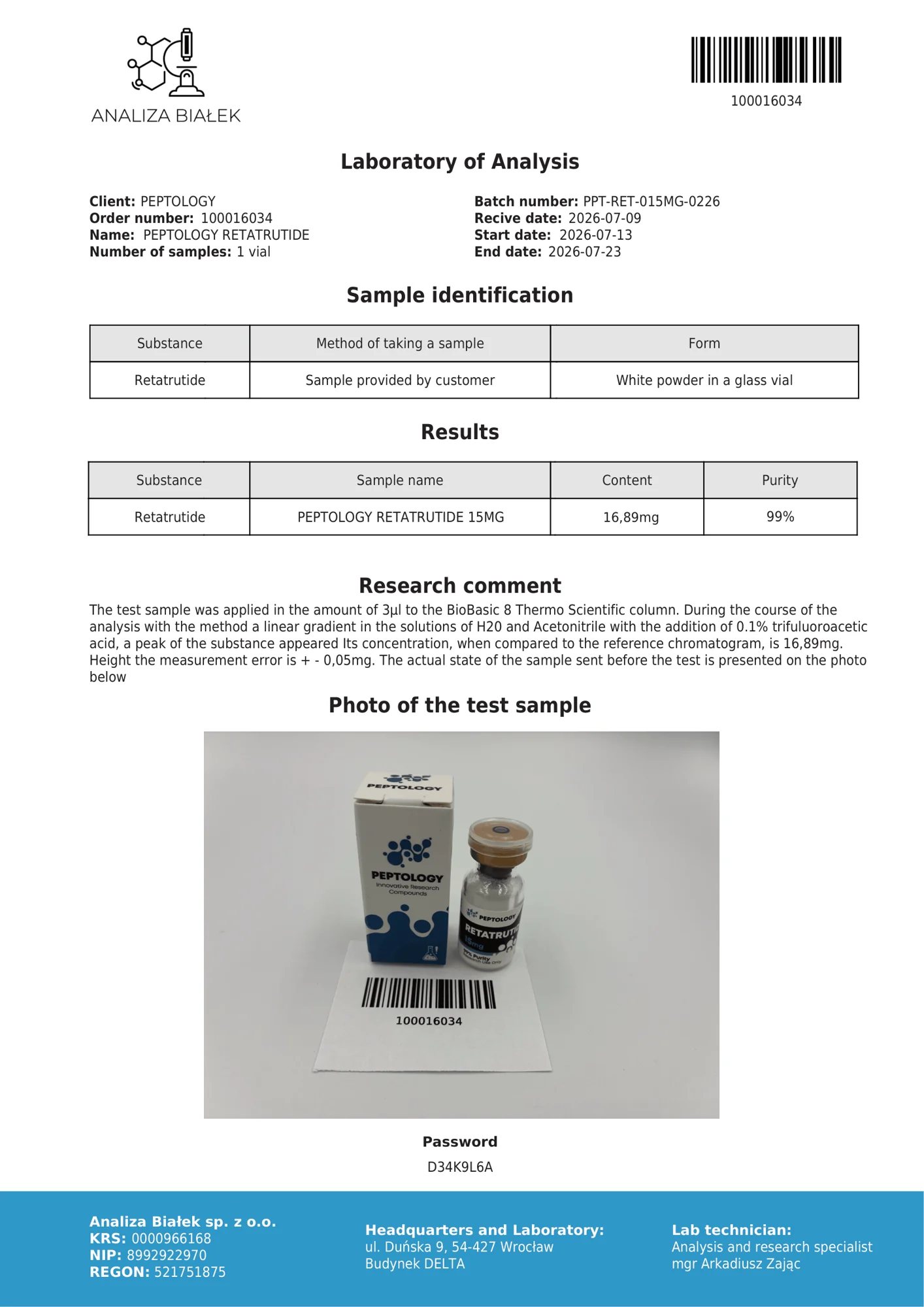 Retatrutide 15 mg – certifikát čistoty HPLC, šarža 0226
