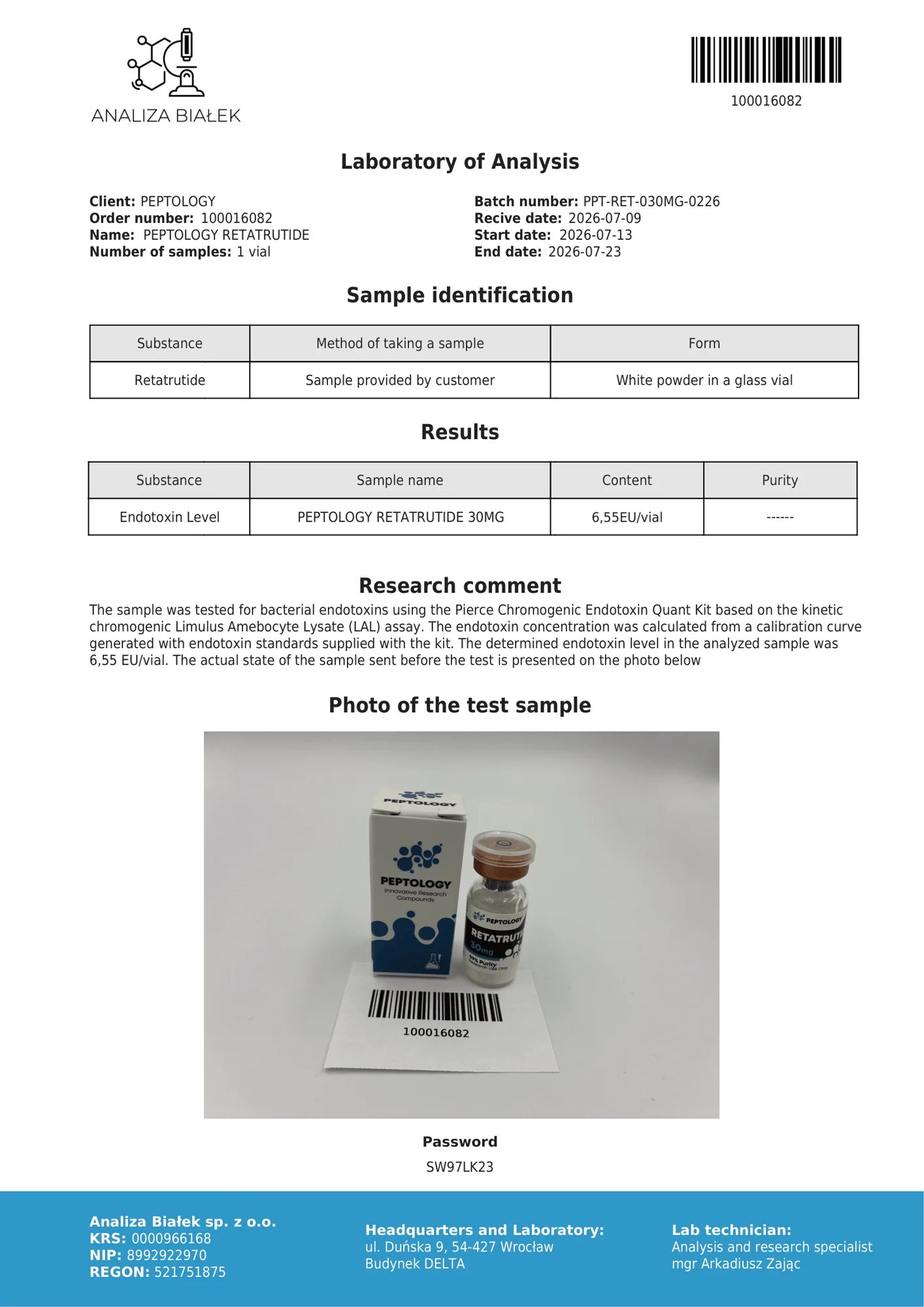 Retatrutide 30 mg – test endotoxínov, šarža 0226