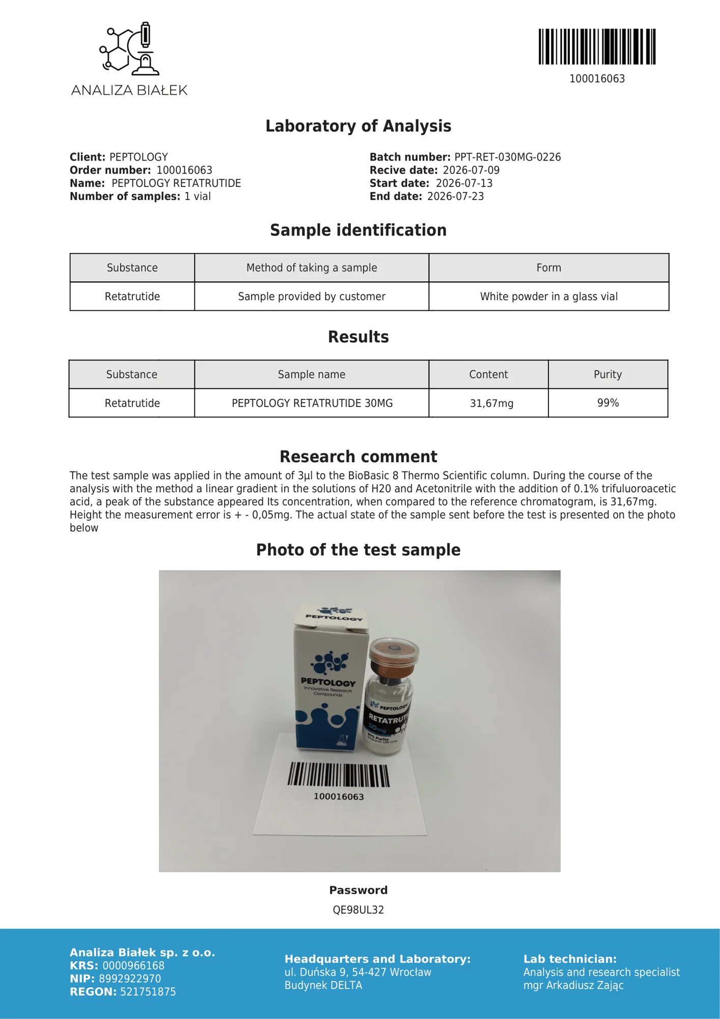 Retatrutide 30 mg – certifikát čistoty HPLC, šarža 0226