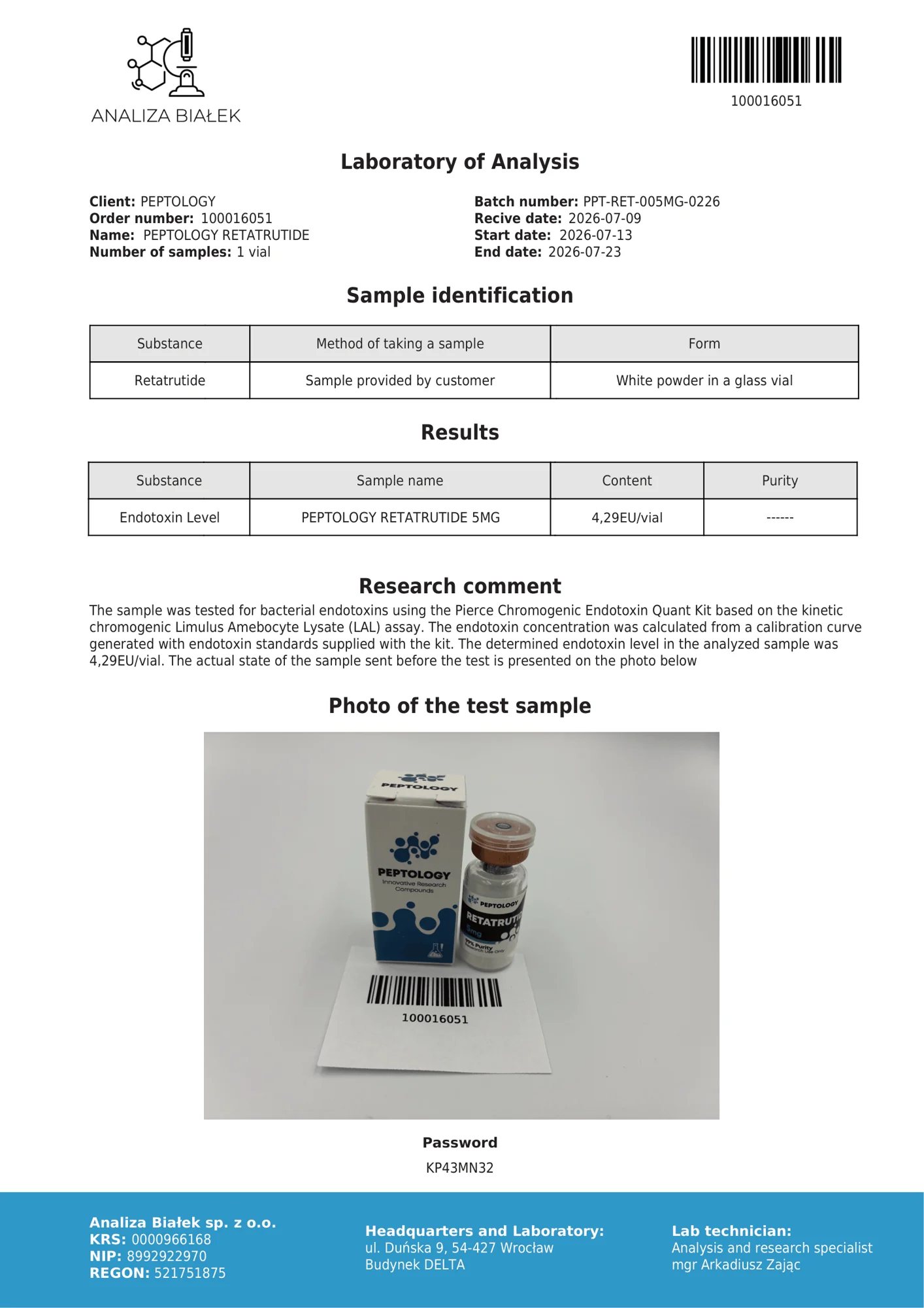 Retatrutide 5 mg – test endotoxínov, šarža 0226