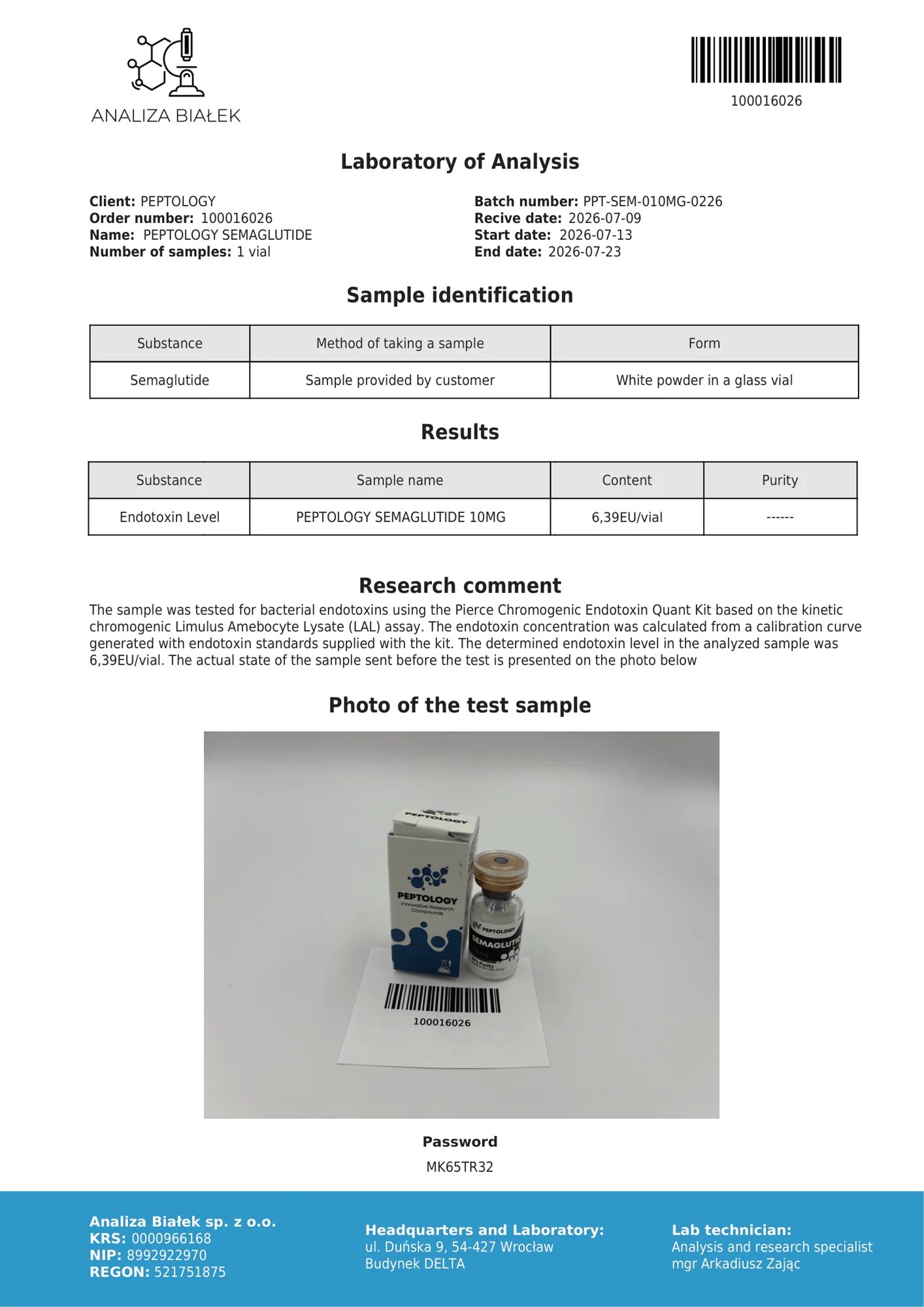 Semaglutide 10 mg – test endotoxínov, šarža 0226