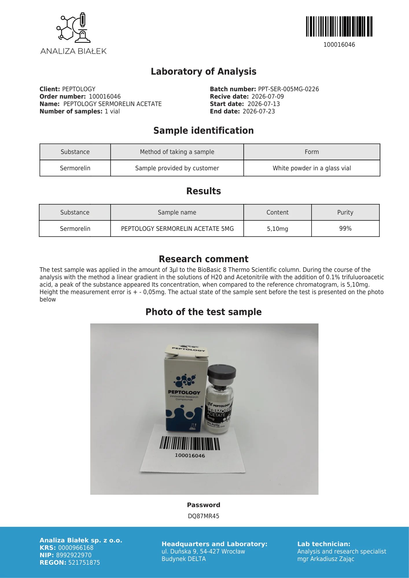 Sermorelin 5 mg – certifikát čistoty HPLC, šarža 0226