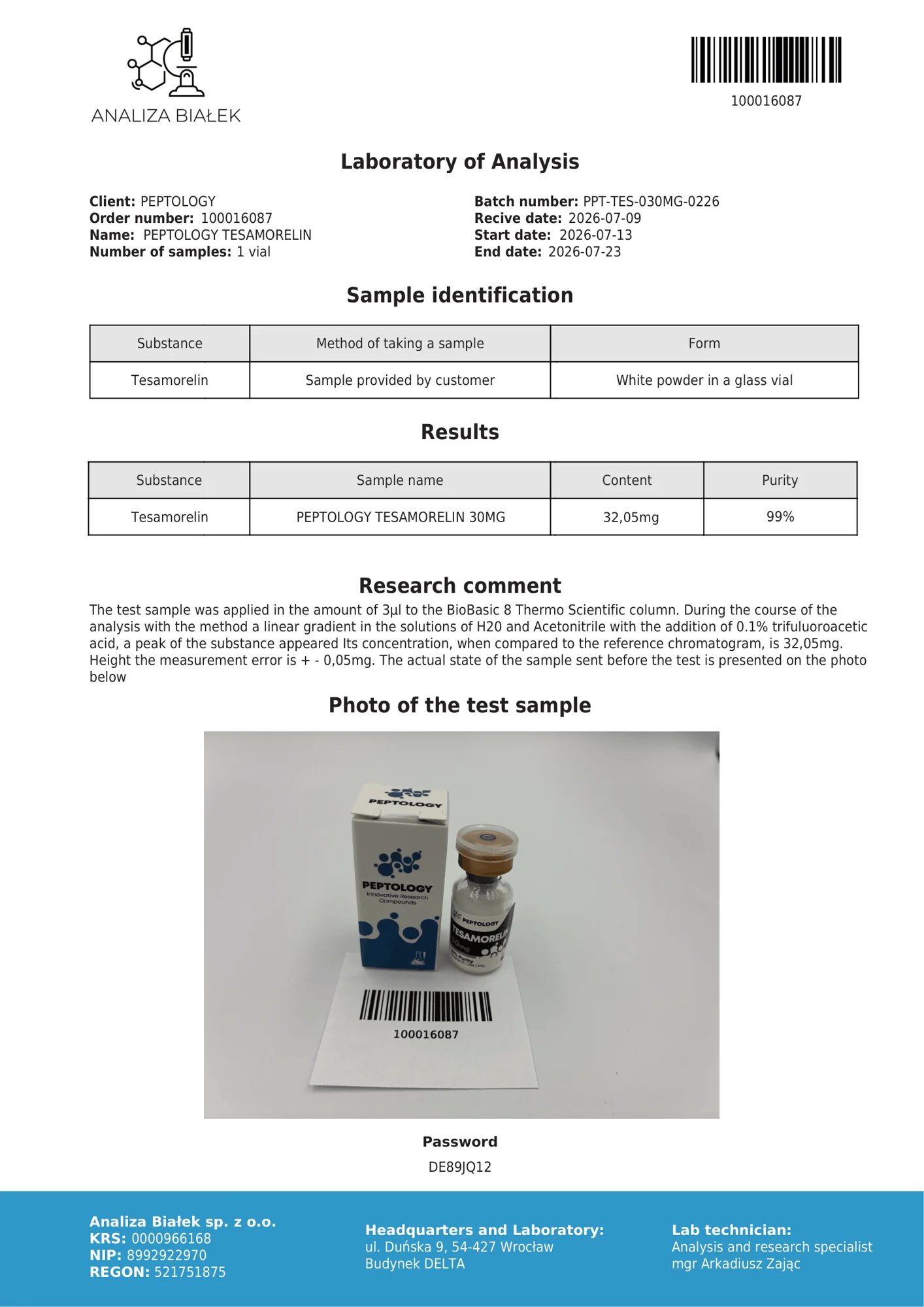 Tesamorelin 30 mg – certifikát čistoty HPLC, šarža 0226