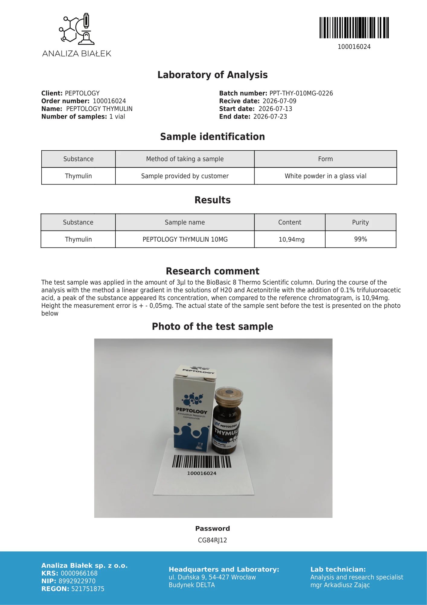 Thymulin 10 mg – certifikát čistoty HPLC, šarža 0226