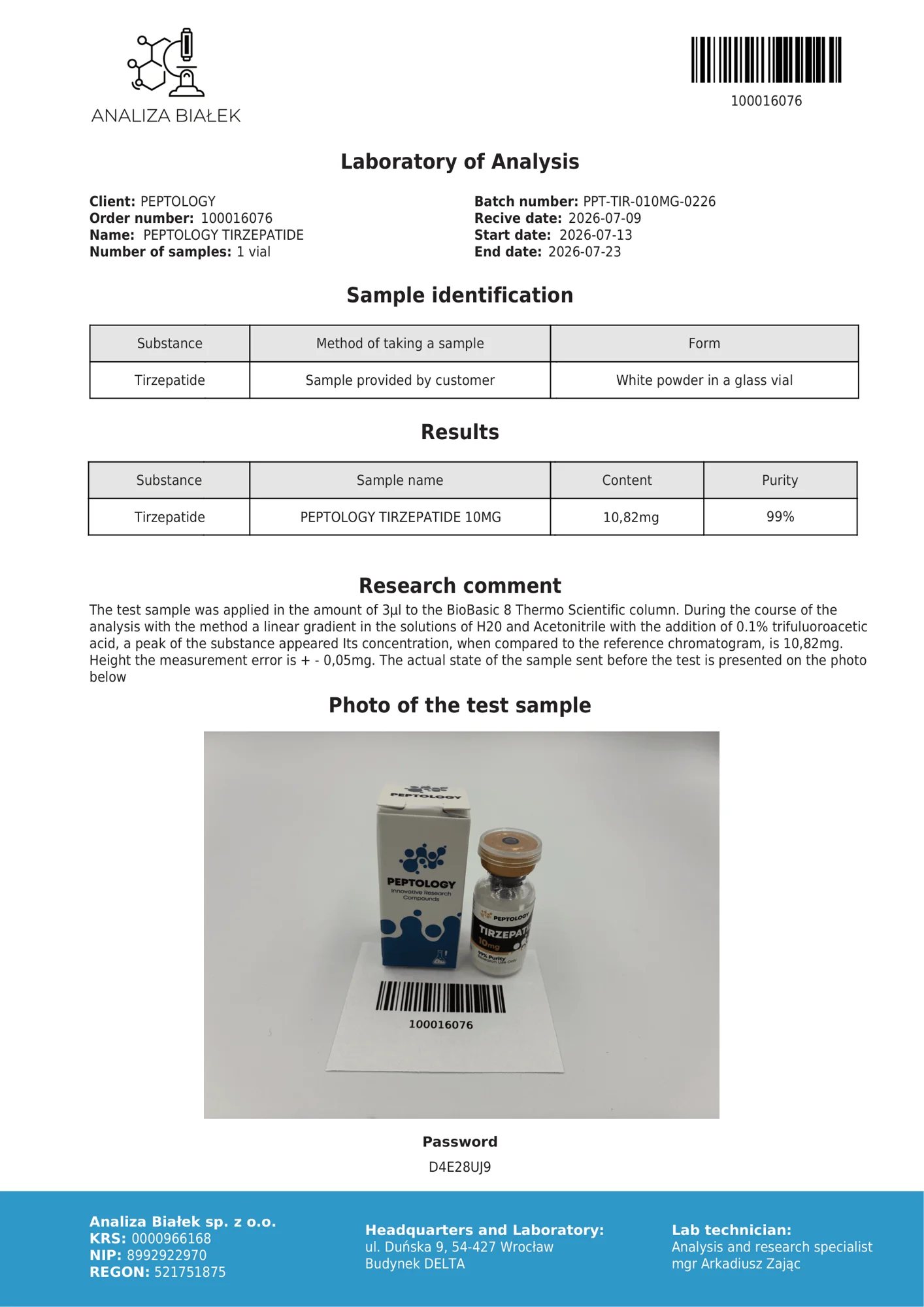 Tirzepatide 10 mg – certifikát čistoty HPLC, šarža 0226