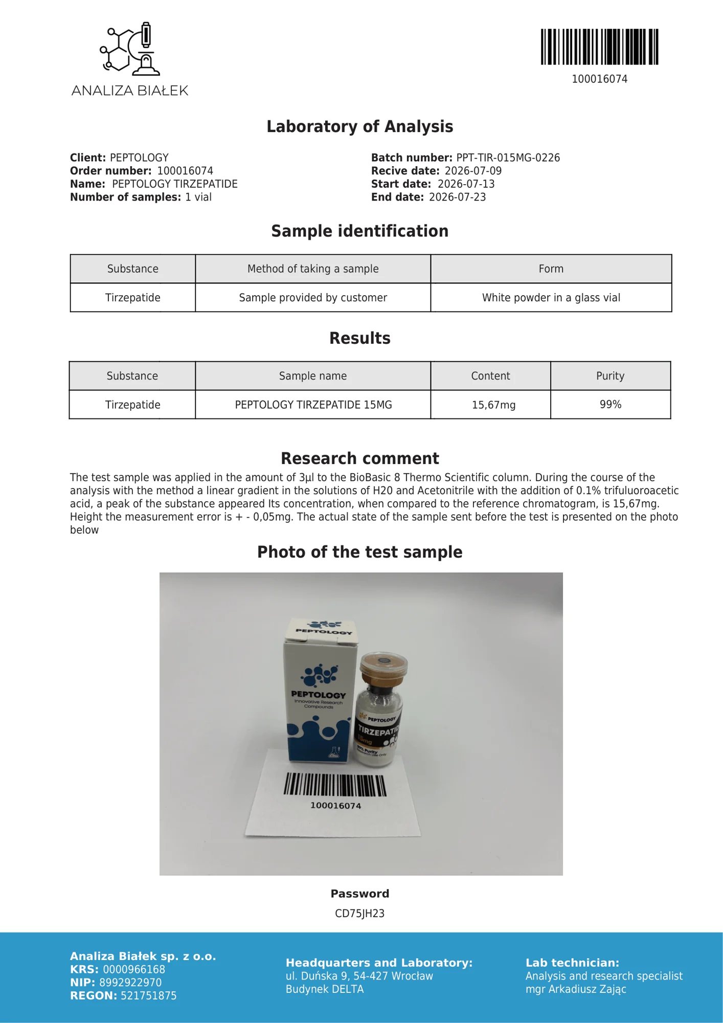 Tirzepatide 15 mg – certifikát čistoty HPLC, šarža 0226