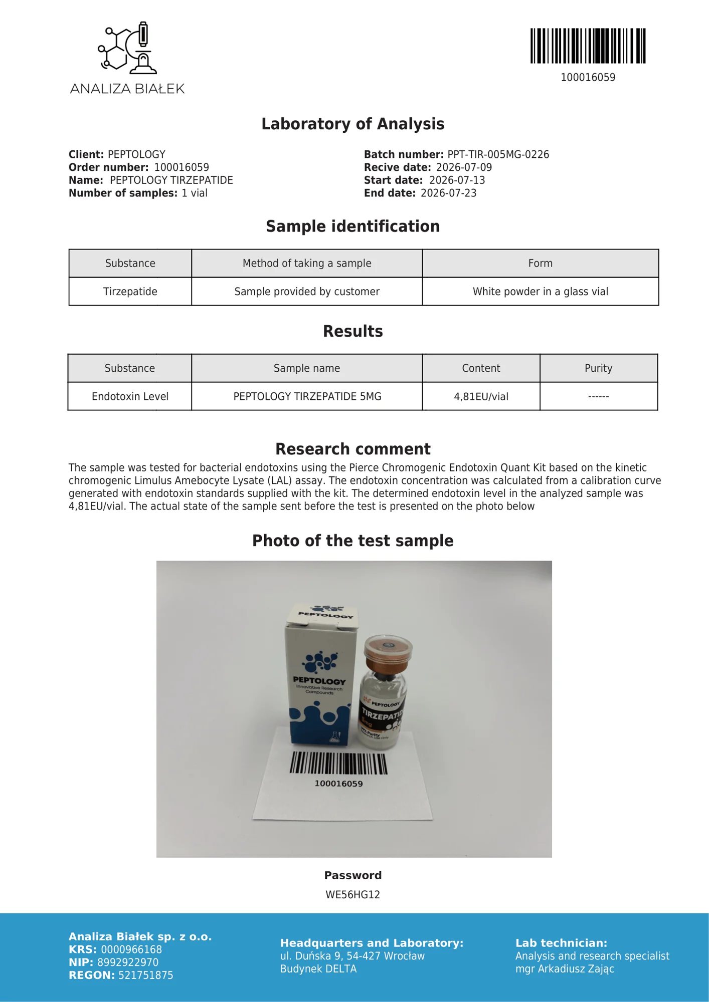 Tirzepatide 5 mg – test endotoxínov, šarža 0226