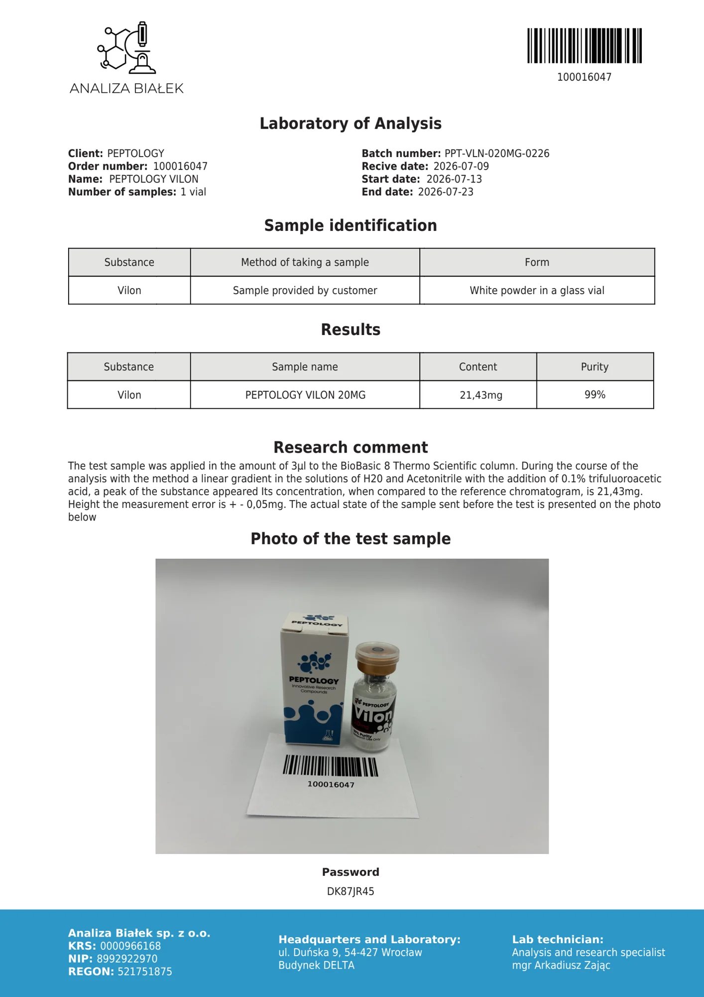 Vilon 20 mg – certifikát čistoty HPLC, šarža 0226